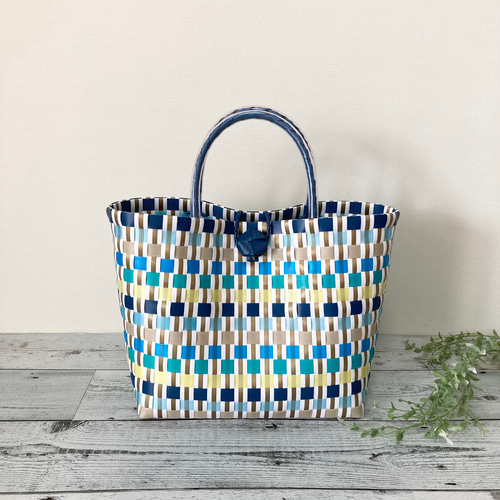 【789】プラカゴ バッグ プラカゴバッグ Lサイズ マルチボーダー柄 ブルー系 プラカゴ ppバンド