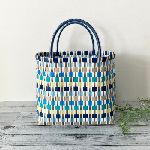 プラカゴバッグ Lサイズ マルチボーダー柄 ブルー系 プラカゴ ppバンド