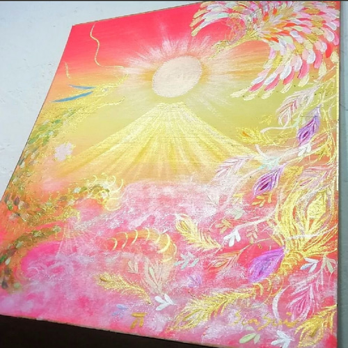 人気を誇る 風水絵画＊幸せ空の龍と鳳凰～黄金富士～金出世 出会い 子宝恋愛 絵画