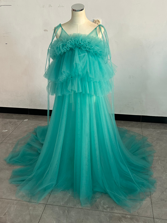 カラードレス ブルー キャミソール 胸元フリル オーバードレス 妊婦 前  