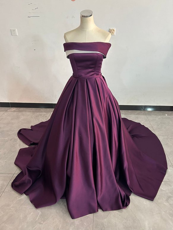 カラードレス パープル オフショルダー 光沢サテン エレガント 披露宴  