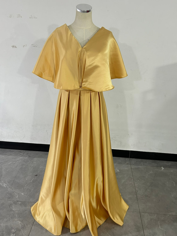 エレガント パーティードレス イエロー フレア袖 光沢サテン ロング 2  