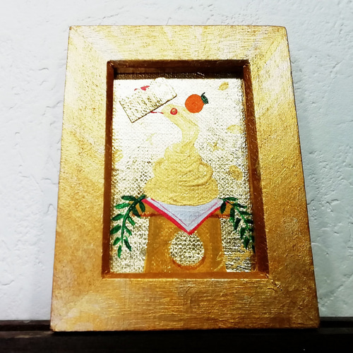額入り　風水金運画＊金塊のせ鏡餅蛇　金箔金の延べ棒　金運　運気上昇　生命力　子孫 額入り 風水金運画＊金塊のせ鏡餅蛇 金箔金の延べ棒 金運 運気