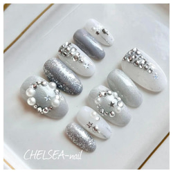 ミラー×クリアフレンチネイル(シルバー) ネイルチップ（つけ爪