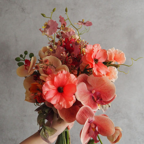 オレンジ　ピンク　イエロー　ウェディングブーケ　造花　胡蝶蘭　リボン　結婚式 8de553689de54cd127a946dfb575cc