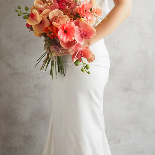 オレンジ　ピンク　イエロー　ウェディングブーケ　造花　胡蝶蘭　リボン　結婚式 受注販売】再販＊ピンクブーケ/オレンジブーケ/カラフルブーケ