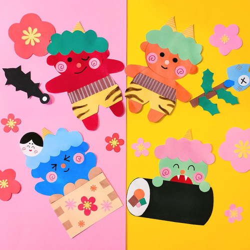 鬼っちイラスト色紙アート セール 節分 梅 色紙 壁面 アルバム ラミネート ～鬼たちの節分