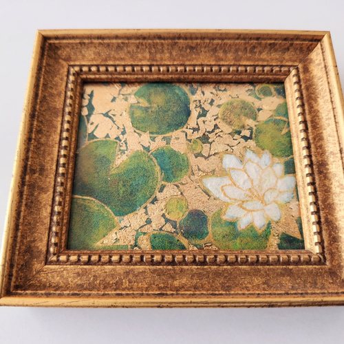 額付き原画)睡蓮と水面に映る月 夜空 星 金箔 月明り アート 額付き原画)睡蓮と水面に映る月 夜空 星 金箔 月明り アート
