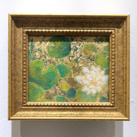 額付き原画)睡蓮と水面に映る月 夜空 星 金箔 月明り アート