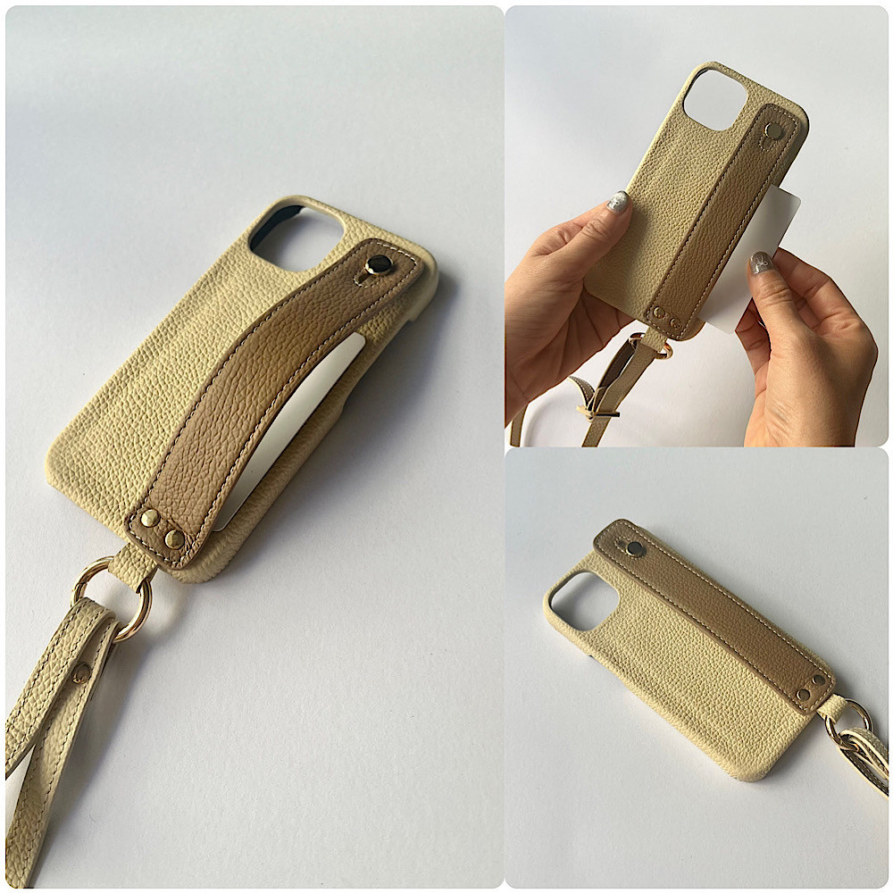 本革　名入れ可　隠しポケット付き　ハンドベルト付き 　バイカラー　ショルダー　レザーiphoneケース