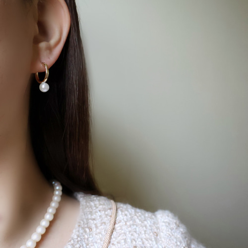 淡水パール フープピアス キャッチレス ステンレス 金属アレルギー対応