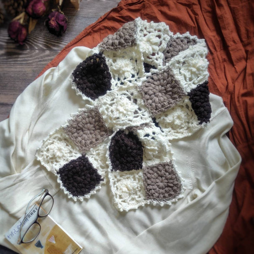 手編み　花モチーフ　マフラー　ショール　モヘヤ風 手編み 花モチーフ マフラー ショール モヘヤ風 秋冬新作2025 花