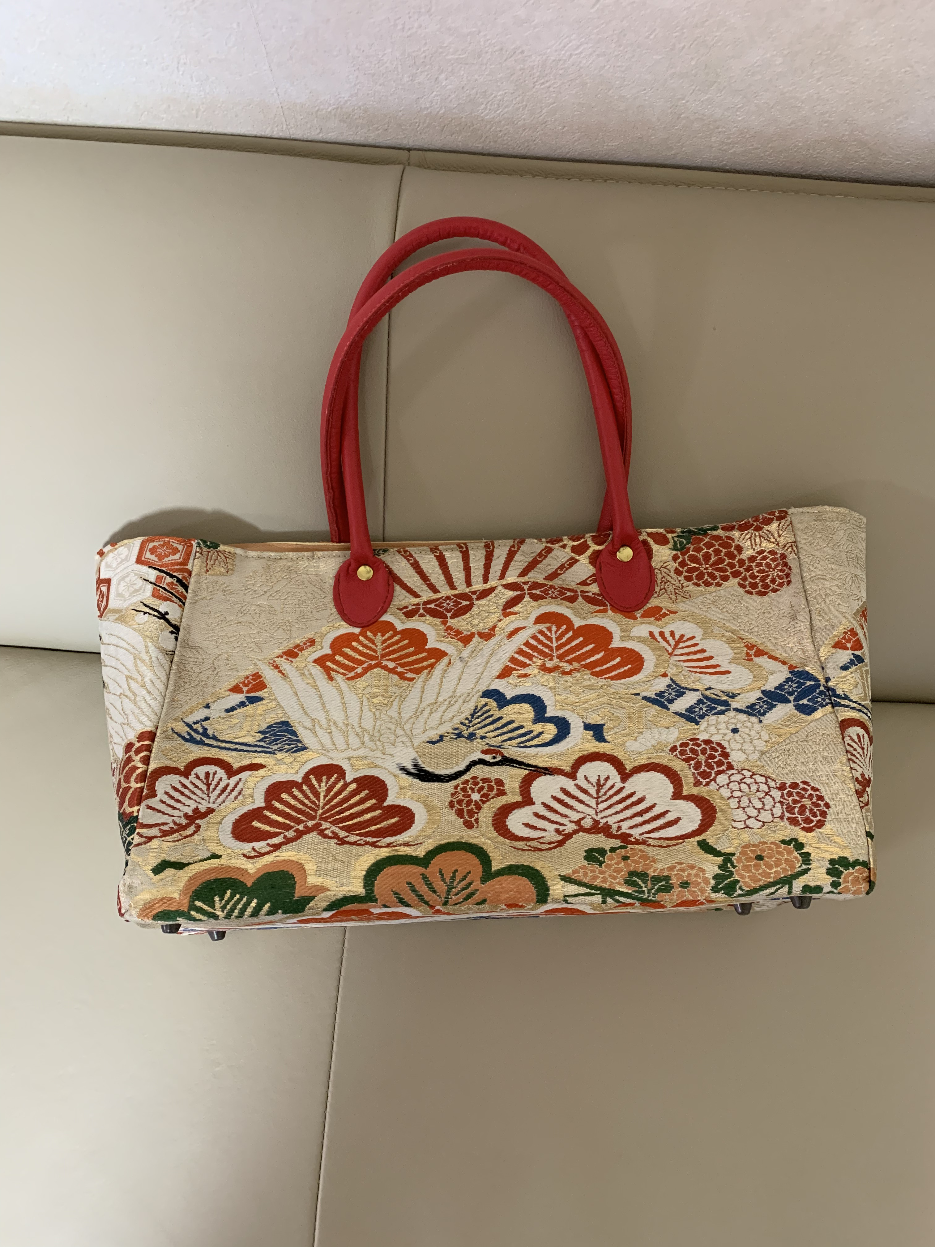 正絹　ビンテージ帯　鶴古典柄　本革ジッパー付き