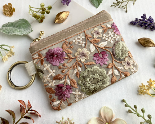 インド刺繍リボン ポケットティッシュケース付きミニポーチ カラビナ