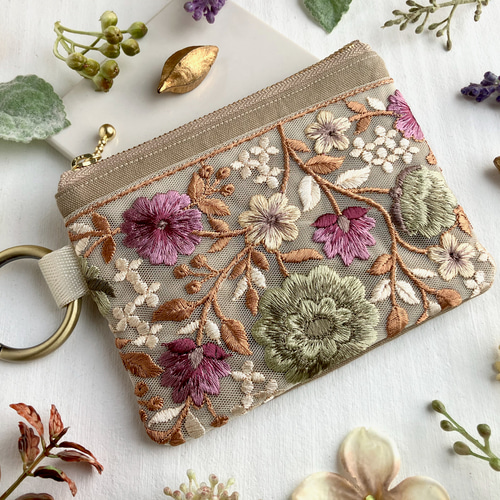 インド刺繍リボン ポケットティッシュケース付きミニポーチ カラビナ