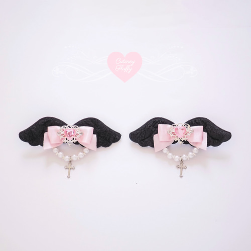 ブラック ウイング 天使の羽 ヘアクリップ ヘアリボン 2個セット