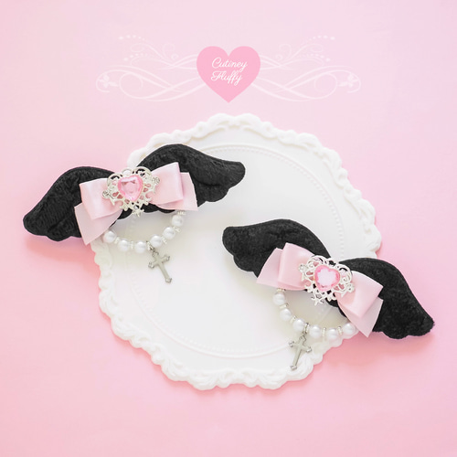 ブラック ウイング 天使の羽 ヘアクリップ ヘアリボン 2個セット