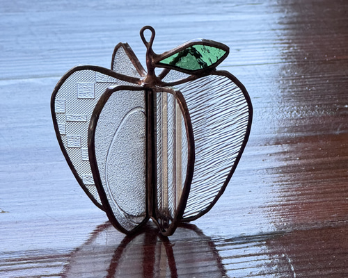 カントリー雑貨 ステンドグラス 置物 ガラス ブラウン ２段 古道具 ナチュラル りんご ステンドグラス・〜昭和レトロなガラスのりんご〜置物・サン