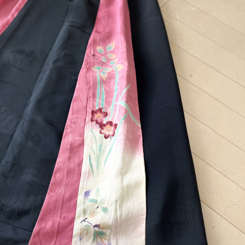 黒とピンク花柄のロングスカート着物リメイク ロングスカート