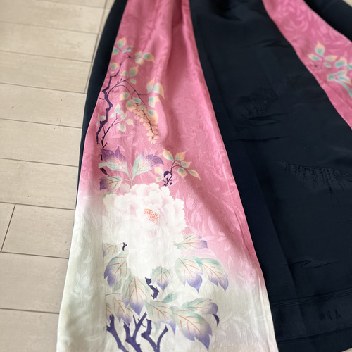 黒とピンク花柄のロングスカート着物リメイク ロングスカート