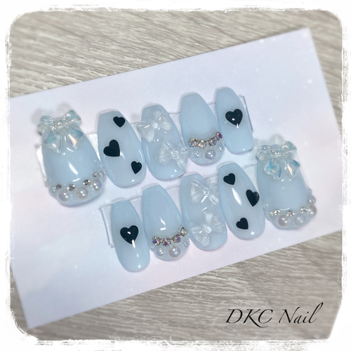 現品ネイルチップ＊透け感ブルーのキラキラ韓国ネイル 量産型