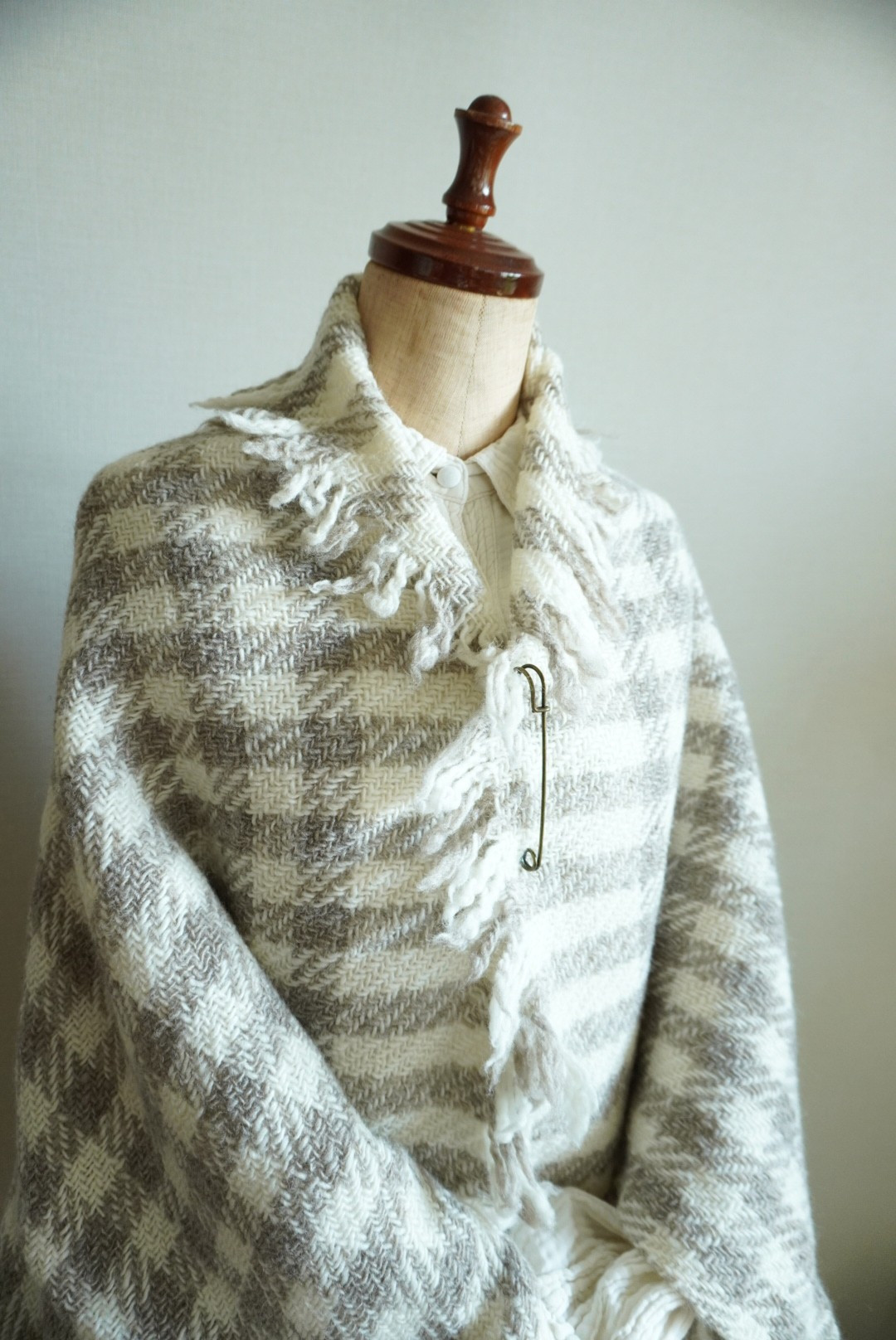 ホームスパン 羽織り物 ギンガムチェック　ナチュラルライトグレー