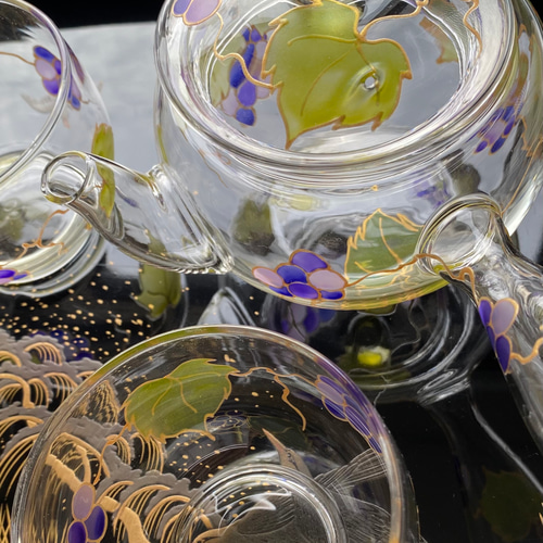 限定1個】葡萄茶器セット ガラスの急須1個 ガラス茶碗 4個 ／母の日