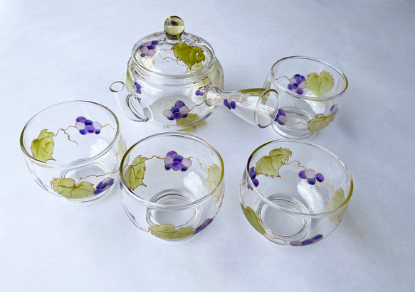 限定1個】葡萄茶器セット ガラスの急須1個 ガラス茶碗 4個 ／母
