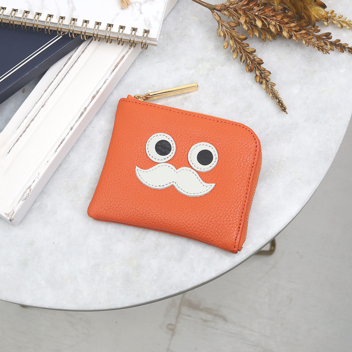 【オレンジ/おひげ】高級感のある薄くて軽い/思わず誰かに見せたくなるおひげL字ミニ財布/コンパクト財布