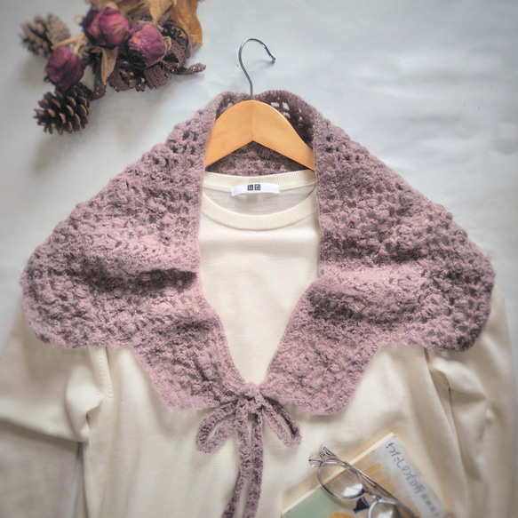 かぎ針編み 花モチーフ三角ストール［ブラウン/茶］｜ふんわりモヘアの