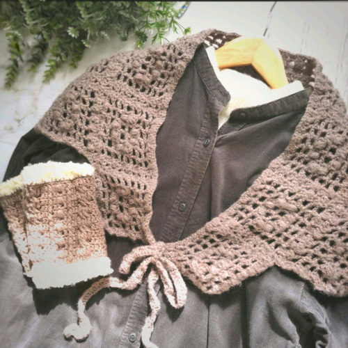 かぎ針編み 花モチーフ三角ストール［ブラウン/茶］｜ふんわりモヘアの