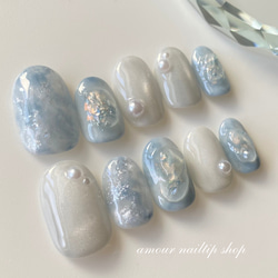 winter blue ネイルチップ　青　水色　ブルー　成人式　ブライダル　結婚式 2枚目の画像