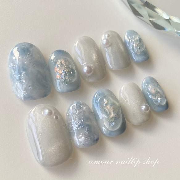 winter blue ネイルチップ　青　水色　ブルー　成人式　ブライダル　結婚式 2枚目の画像