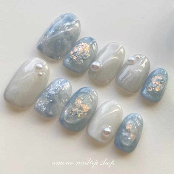 winter blue ネイルチップ　青　水色　ブルー　成人式　ブライダル　結婚式 3枚目の画像