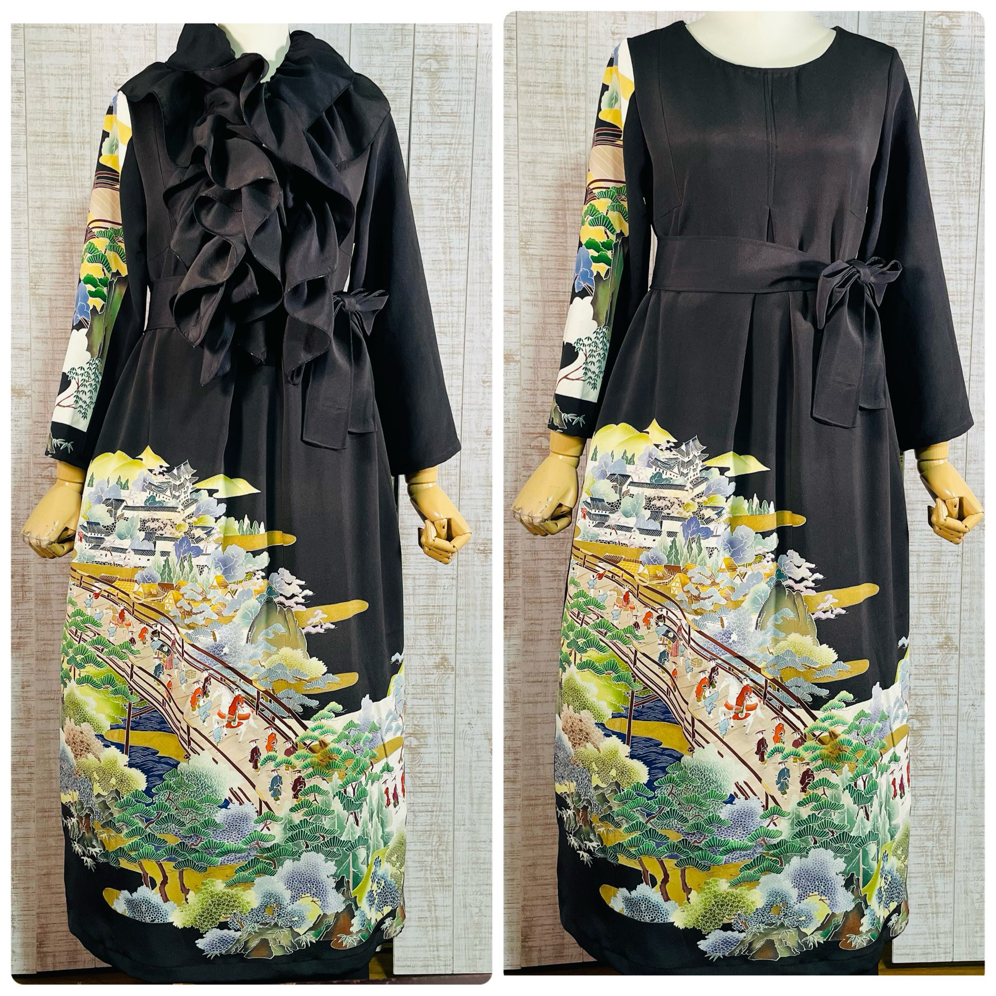 大名行列に城・松模様正絹黒留袖ワンピースＭ～Ｌ＆ギャザーストール