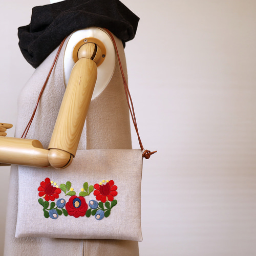 手さげサコッシュ3way 花刺繍ナチュラルリネン エコバッグ