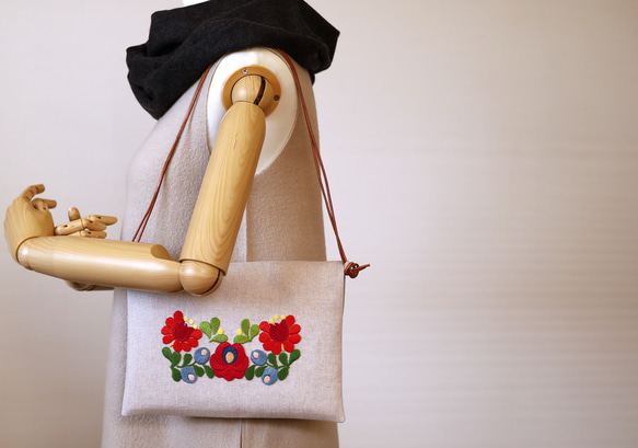手さげサコッシュ3way 花刺繍ナチュラルリネン エコバッグ・サブ  
