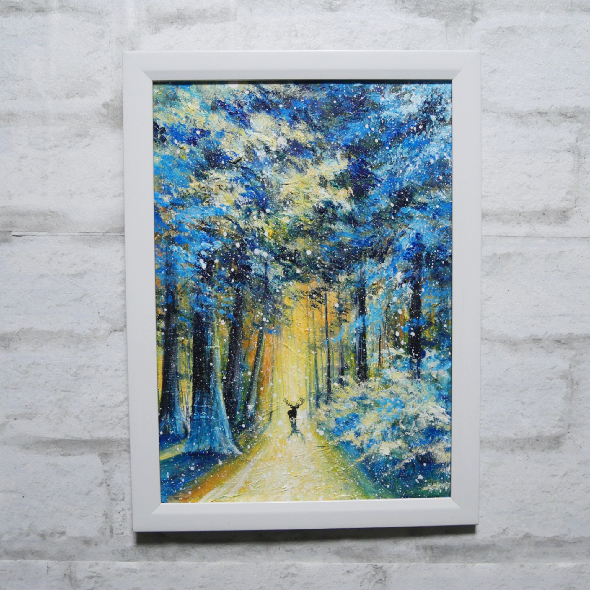 油絵 油彩 油彩画 絵 絵画 【雪景色の中で雪に立つ鹿】 絵画