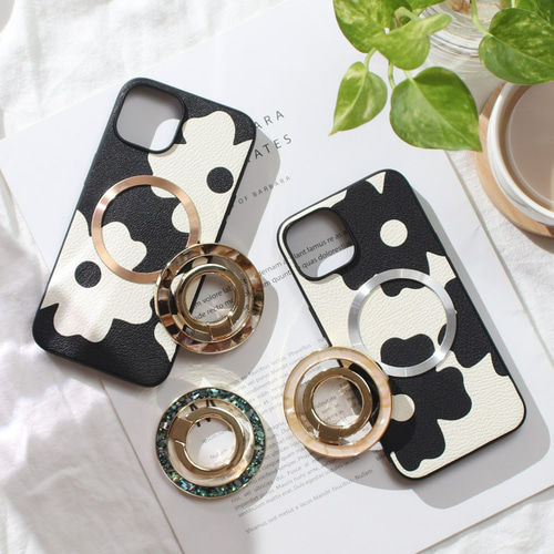 iphone ケース 本革 リング付き マグセーフ対応 花柄 べっ甲 iphone16 ケース レザー 花柄 iphone16Pro iphone16Plus