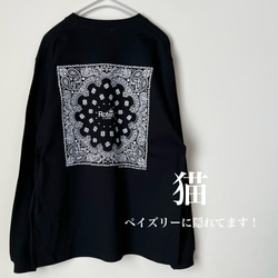 大人の高見え長袖Tシャツ 隠れ猫ペイズリー柄ロンT 黒ブラック メンズ