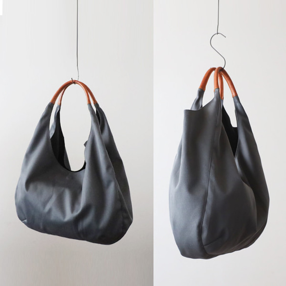 ⁑（送料無料）再制作　軽量ナイロンツイル生地レザー革2wayトートバッグ裏地付A4サイズ防水グレー鞄　P92D 11枚目の画像