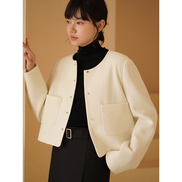 ウール混紡ジャケット 丸襟ジャケット ショートジャケット 裏地付き