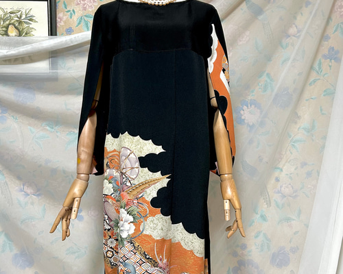 扇刺繍 飾紐 留袖リメイクケープドレス ケープ袖ワンピース