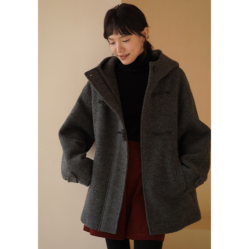 フード付きコート　100%ウールコート　ツイード生地ウールコート　裏地付き　グレー　S-L#663