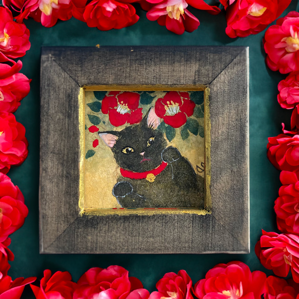椿と黒猫②」 オリジナルフレーム入り /原画 猫の日2025 日本画 絵