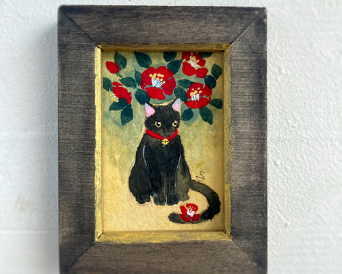 椿と黒猫④」 オリジナルフレーム入り /原画 猫の日2025 日本画