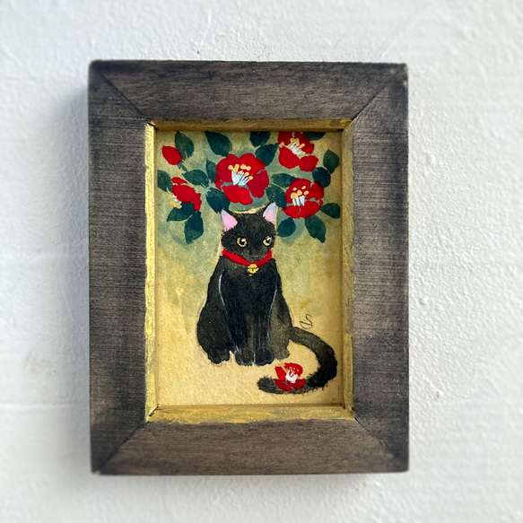 おちょぴさんの絵画「ピンクの椿と猫」です - その他