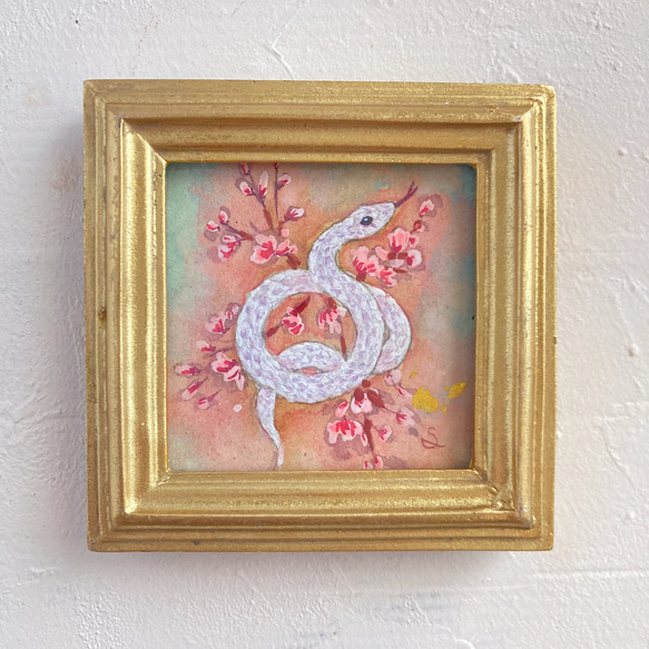ミニ絵画 「桜と白蛇①」 /原画 アンティーク アート 日本画 桜