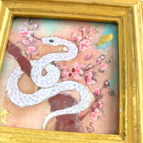 ミニ絵画 「桜と白蛇②」 /原画 アンティーク アート 日本画 絵画 紫苑