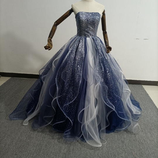美品！カラードレス ネイビー ベアトップ キラキラチュール ラッフルフリル 編み上げ 披露宴